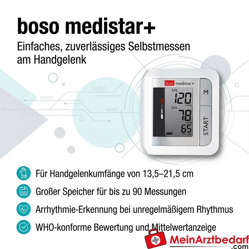 boso medistar+ Handgelenk-Blutdruckmessgerät 13,5–21,5 cm, 90 Messungen, Mittelwert & Arrhythmie-Erkennung