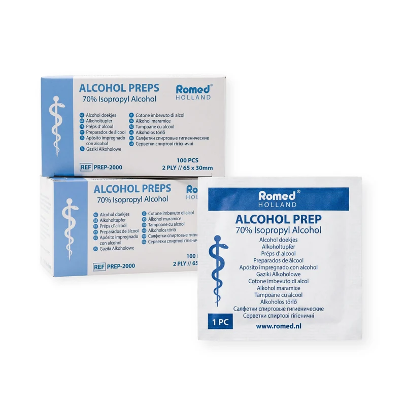 Romed Alkoholtupfer 65 x 30 mm, 2-lagig, Spar-Set 2 x 100 Stück, hygienisch eingesiegelt