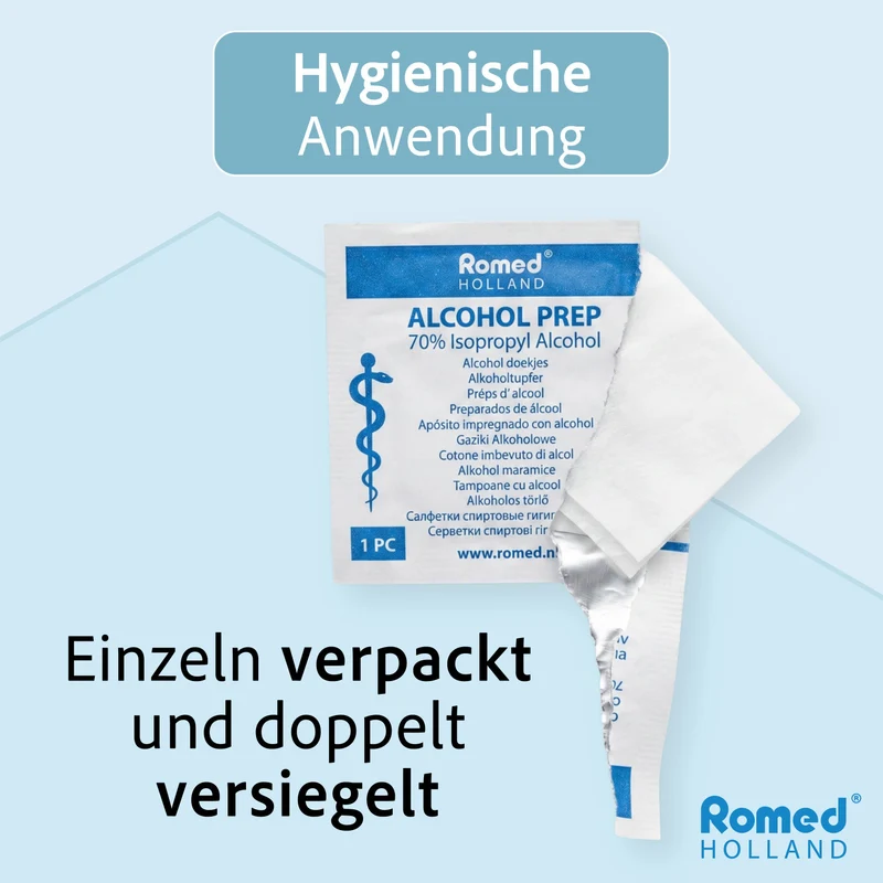 Romed Alkoholtupfer 65 x 30 mm, 2-lagig, Spar-Set 2 x 100 Stück, hygienisch eingesiegelt