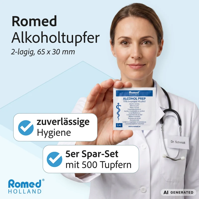 Romed Alkoholtupfer 65 x 30 mm, 2-lagig, Spar-Set 5 x 100 Stück, hygienisch eingesiegelt