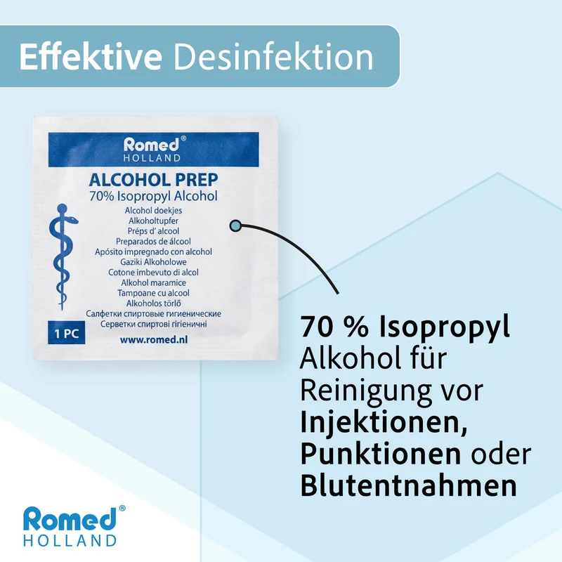 Romed Alkoholtupfer 65 x 30 mm, 2-lagig, Spar-Set 5 x 100 Stück, hygienisch eingesiegelt