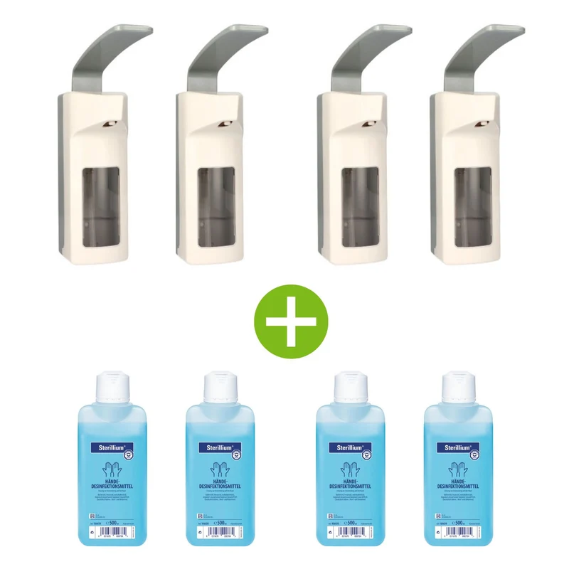Medi-Inn Wandspender Kunststoff mit Langarmhebel für 500 ml Euroflaschen 4 x + Bode Sterillium Händedesinfektion 4 x 500 ml