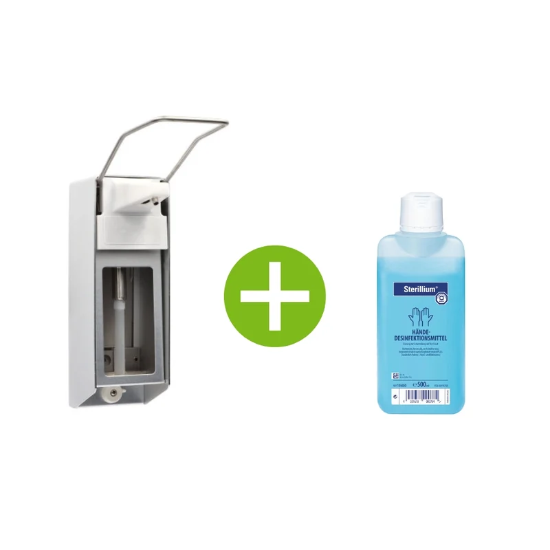 Medi-Inn Wandspender Aluminium, langer Armhebel, mit Verschlussblende, für 500 ml Euroflaschen + Bode Sterillium Händedesinfektion 500 ml