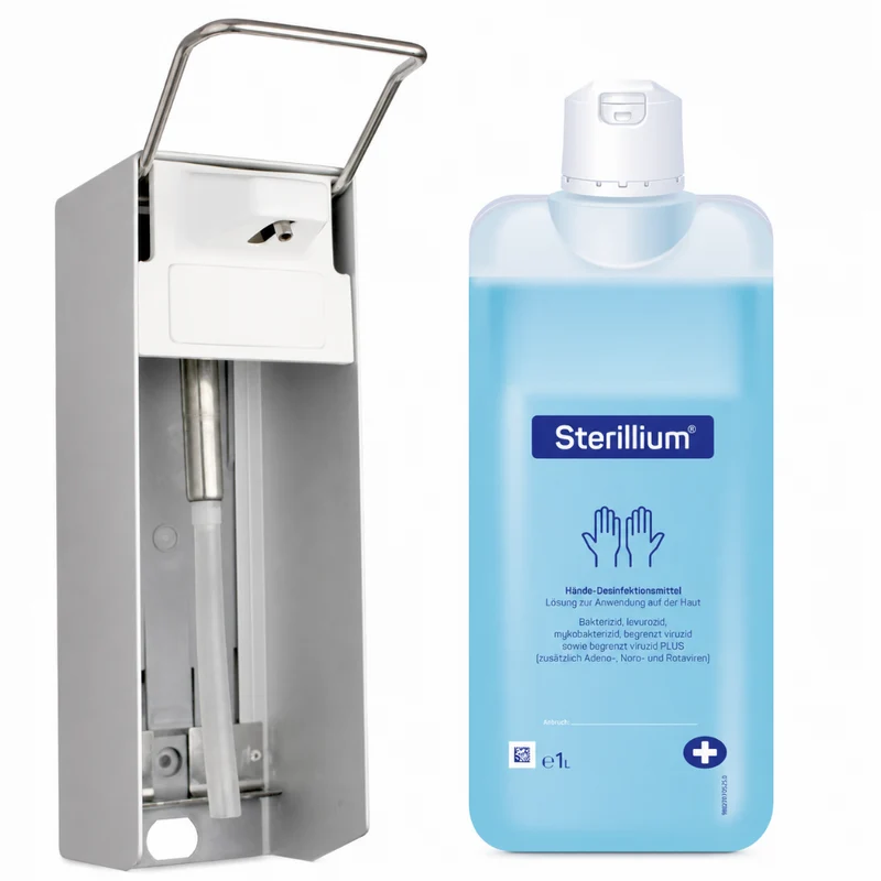 Medi-Inn Wandspender Aluminium, langer Armhebel, für 1000 ml Euroflaschen + Bode Sterillium 1000 ml