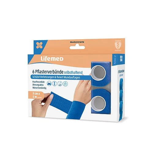 Lifemed Pflasterverbände selbsthaftend 5 m x 5 cm blau 6er Pack