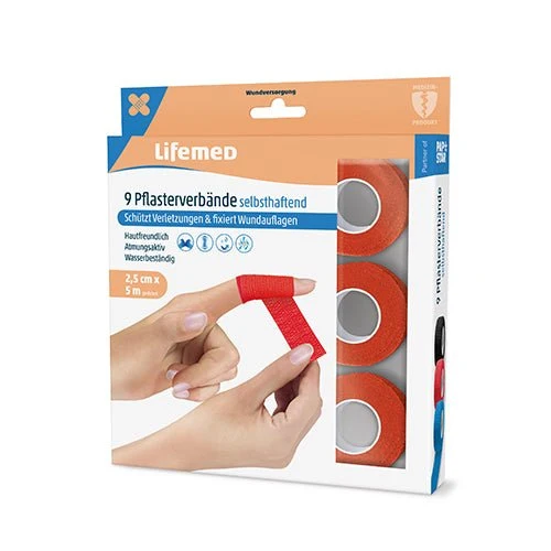 Lifemed Pflasterverbände selbsthaftend 5 m x 2,5 cm rot 9er Pack