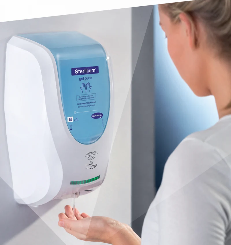 Hartmann CleanSafe touchless Dosierspender für Überkopfflaschen + 10 x 1000 ml Sterillium Gel pure Überkopfflasche