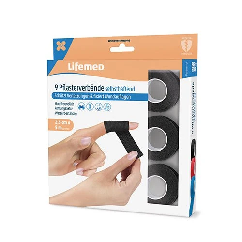 Lifemed Pflasterverbände selbsthaftend 5 m x 2,5 cm schwarz 9er Pack