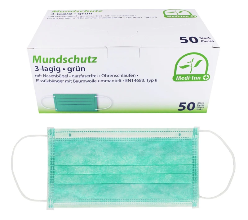 Medi-Inn Mundschutz Atemschutz mit Elastikbändern Typ II 3-lagig grün