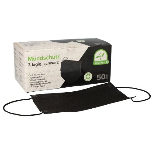 Medi-Inn Mundschutz Atemschutz mit Elastikbändern und Nasenbügel Typ II 3-lagig schwarz