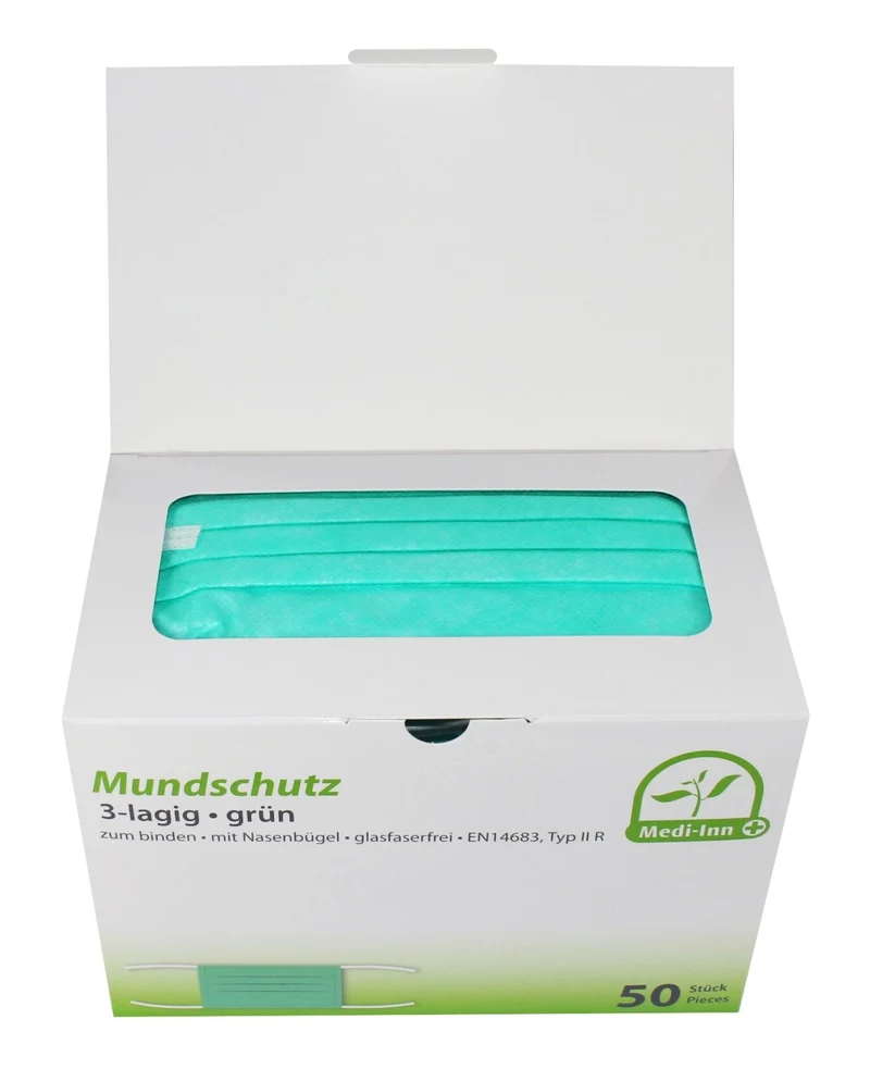 Medi-Inn Mundschutz Typ IIR 3-lagig 9 cm x 17,5 cm grün mit Nasenbügel zum Binden