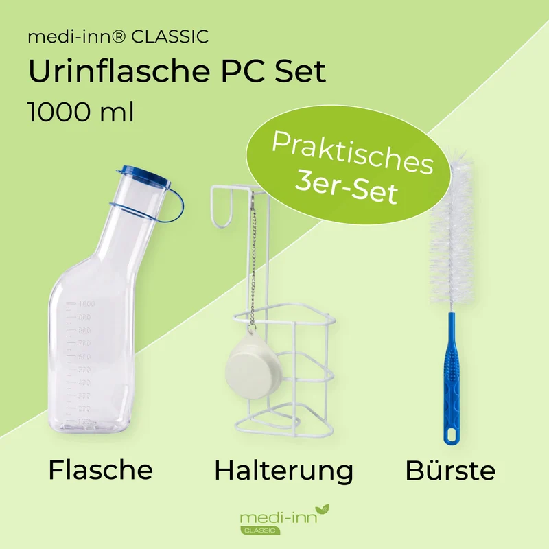 Medi-Inn Urinflasche PC 1000 ml, für Männer, glasklar, mit Betthalter und Reinigungsbürste