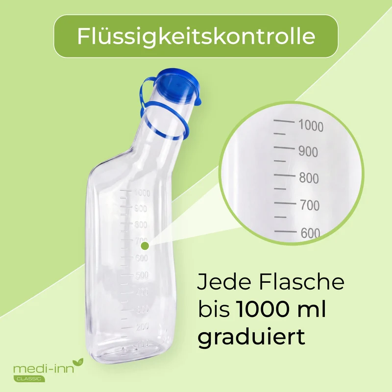 Medi-Inn Urinflasche PC 1000 ml, für Männer, glasklar, mit Betthalter und Reinigungsbürste