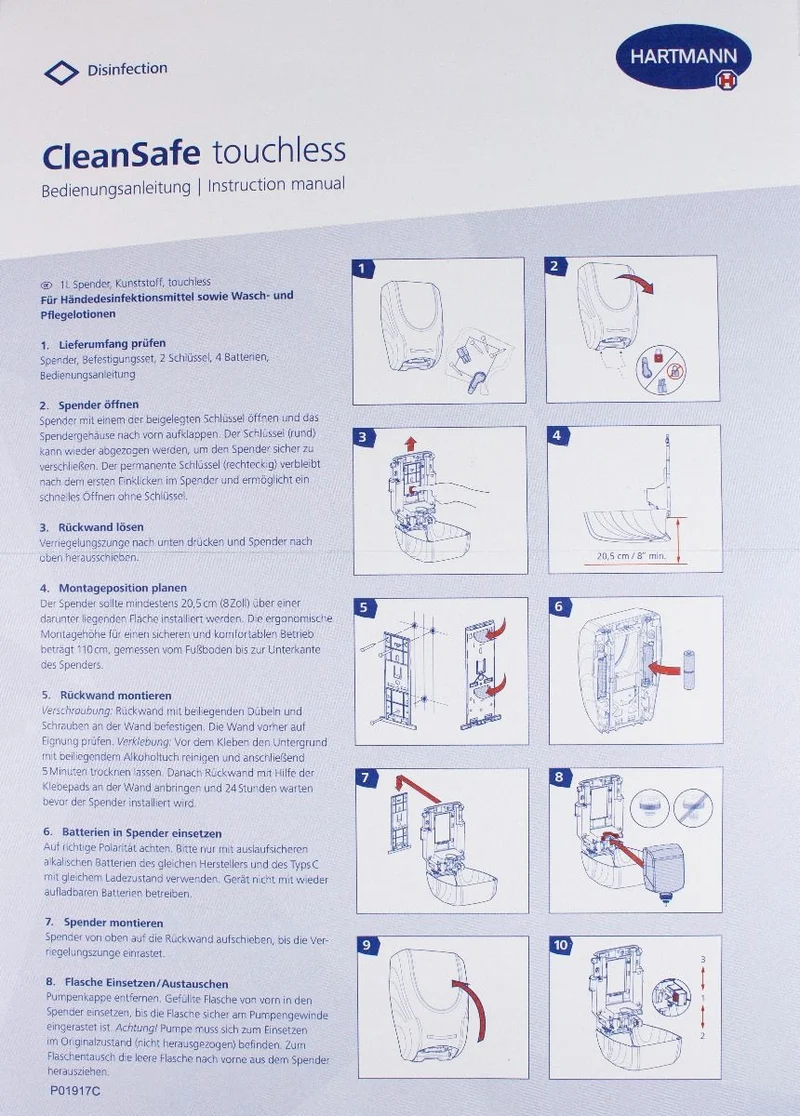 Hartmann CleanSafe touchless Dosierspender für Überkopfflaschen + Baktolin foam wash Handreinigungsschaum Überkopfflasche 1000 ml