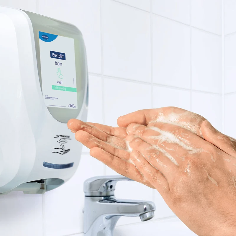 Hartmann CleanSafe touchless Dosierspender für Überkopfflaschen + Baktolin foam wash Handreinigungsschaum Überkopfflasche 1000 ml