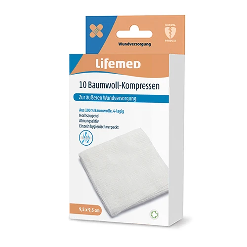 Lifemed Baumwoll-Kompressen 9,5 cm x 9,5 cm weiß 4-lagig 10er Pack