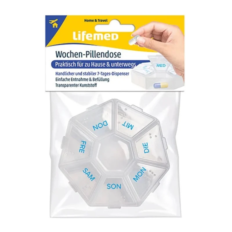 Lifemed Wochen-Pillendose mit 7 Fächern Wochendispenser 7,5 x 7,5 x 1,7 cm