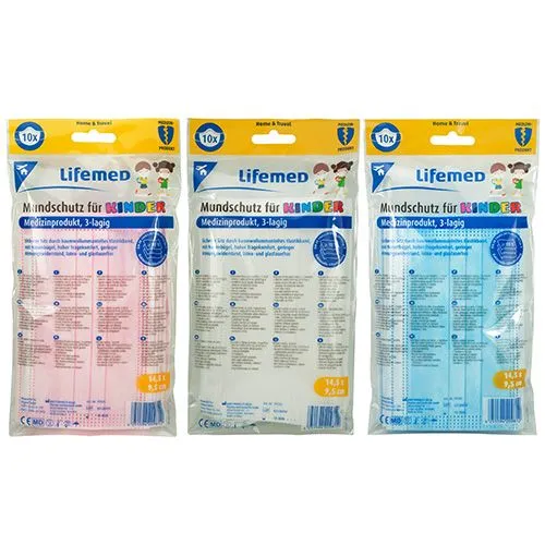 Lifemed Kinder-Mundschutz 3-lagig 9,5 x 14,5 cm farbig sortiert mit Nasenbügel
