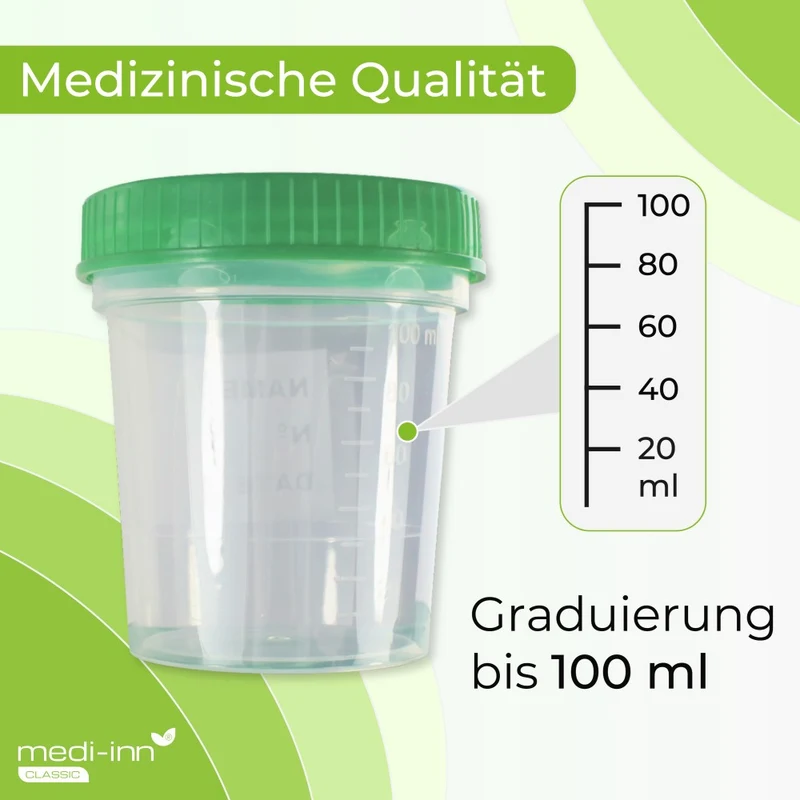 Medi-Inn Urinprobenbecher 125 ml mit grünem Schraubdeckel und Graduierung bis 100 ml