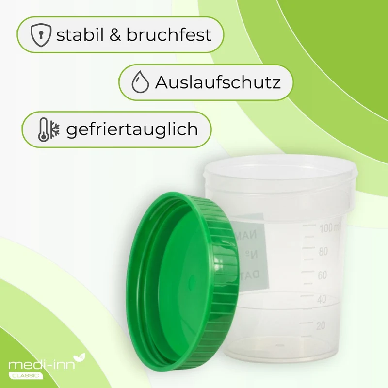 Medi-Inn Urinprobenbecher 125 ml mit grünem Schraubdeckel und Graduierung bis 100 ml