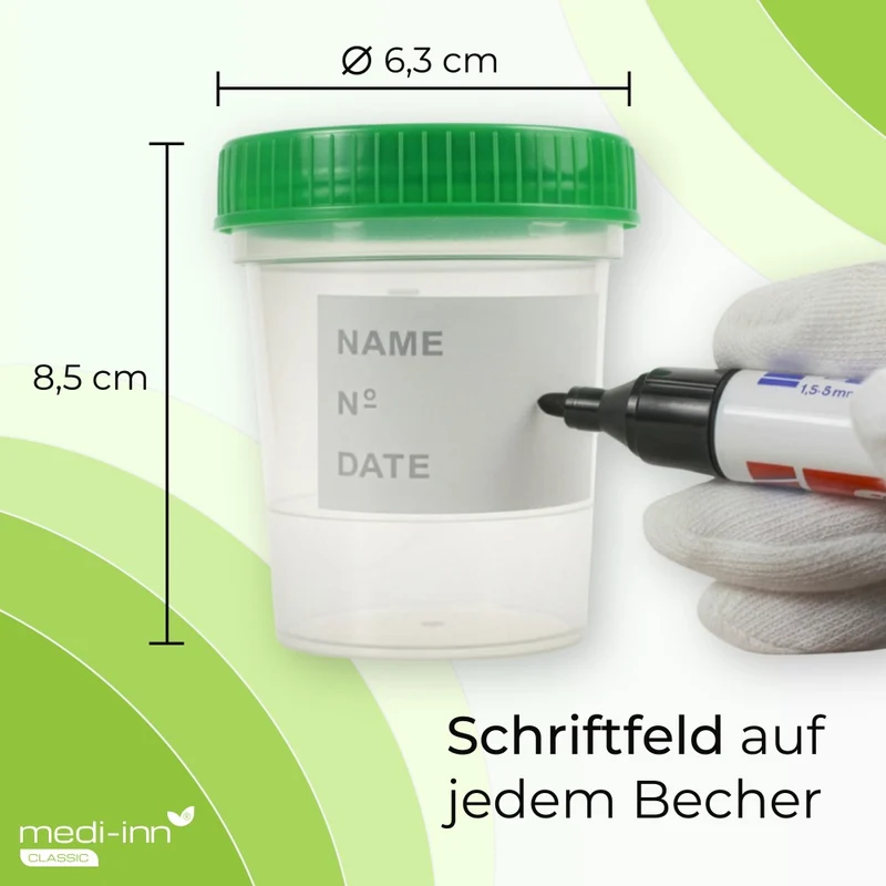 Medi-Inn Urinprobenbecher 125 ml mit grünem Schraubdeckel und Graduierung bis 100 ml