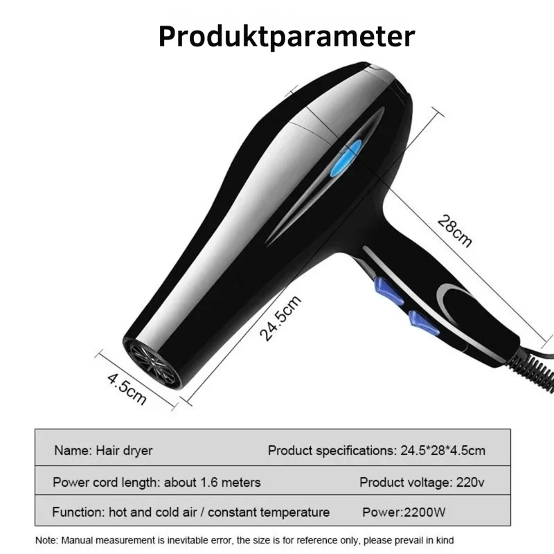 2200W Professioneller Haartrockner – Leistungsstarkes Schnelles Aufheizen mit Warm- und Kaltluft-Einstellungen